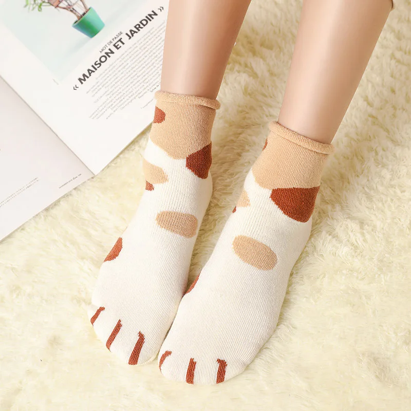 6 Pairs Pack Cute Cat Paw Autumn Winter Women Funny Cartoon Cotton Socks Harajuku Soft Gift For Ladies Middle Tube Crew Socks