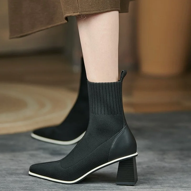 

2022 NEW Autumn Winter Knitted Stretch Fabric Socks Women Boots Low Heel Short Boots Gray PointedToe Women Ankle Boots