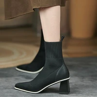 2022 new autumn winter knitted stretch fabric socks women boots low heel short boots gray pointedtoe women ankle boots