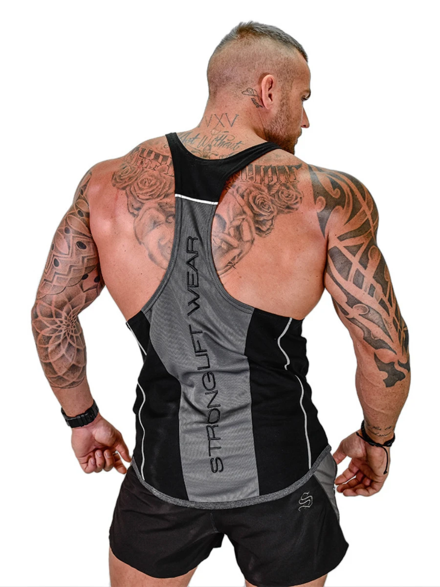Cotton Eurocode Embroidered Sports Sleeveless Vest Men's Outdoor Running Training Elastic Breathable Casual I-shaped Vest