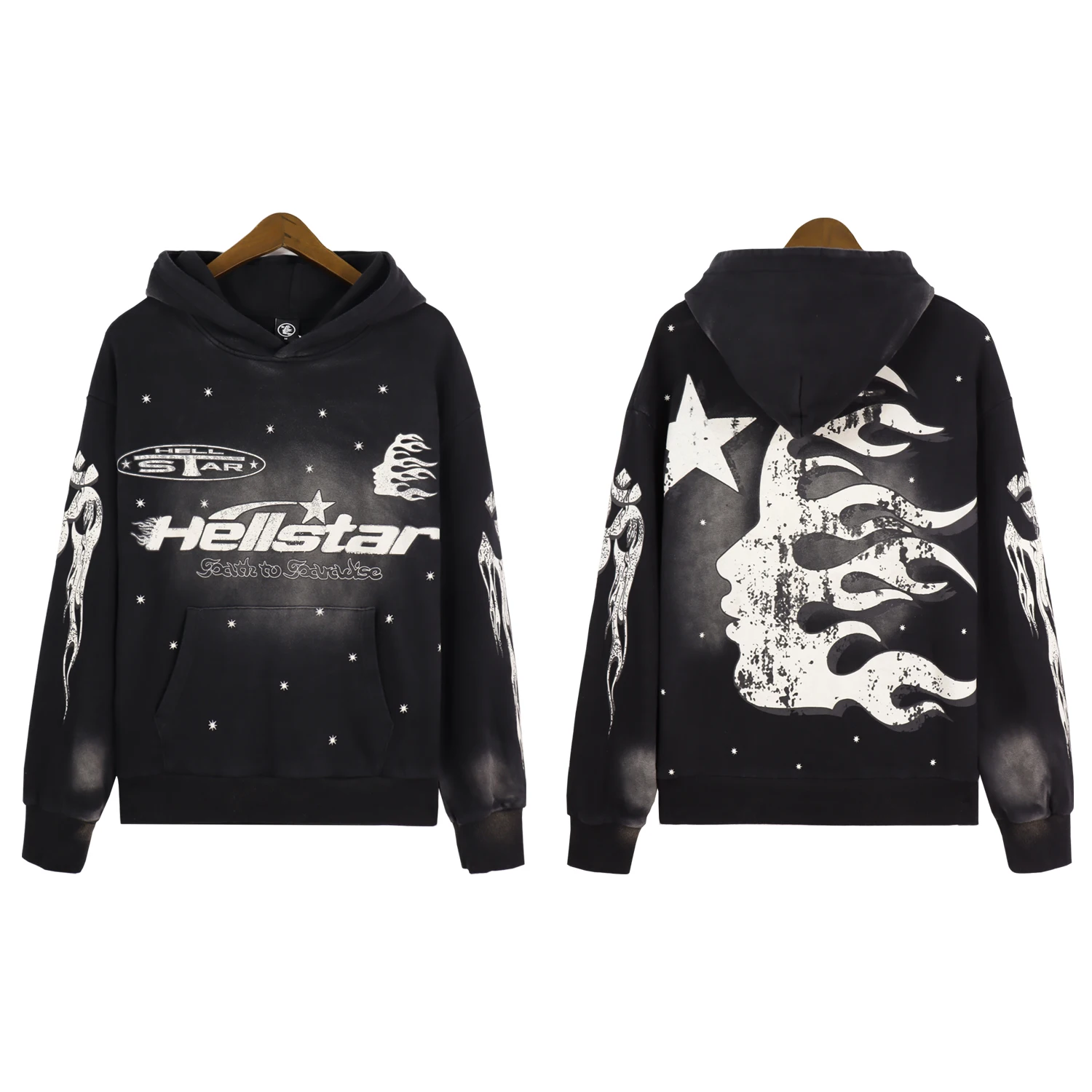 

2023 Winter Vintage Washed Black Star Print Hellstar Hoodie Men Women Top Quality Sweatshirts Pullovers Loose Long Sleeve Hooded
