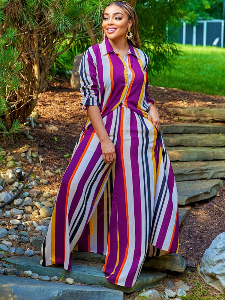 

Elegant Fashion Striped Print Two Piece Tracksuits for Women Turn Down Collar Long Sleeve Shirts and Wide Leg Loose Trouser Y2K