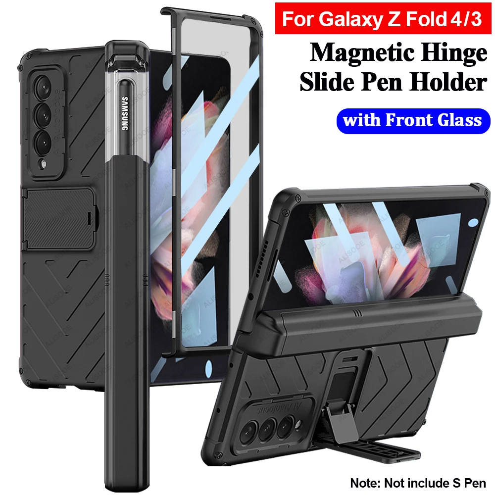 

Чехол для Samsung Galaxy Z Fold 3 4 Fold 3 Fold 4 5G, чехол с магнитными петлями, слот для ручки, переднее стекло, пленка, откидная подставка, Жесткий Чехол из поликарбоната