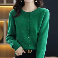 spring and autumn new womens knitted cashmere small cardigan round neck retro elegant pure wool fashion single row drill button