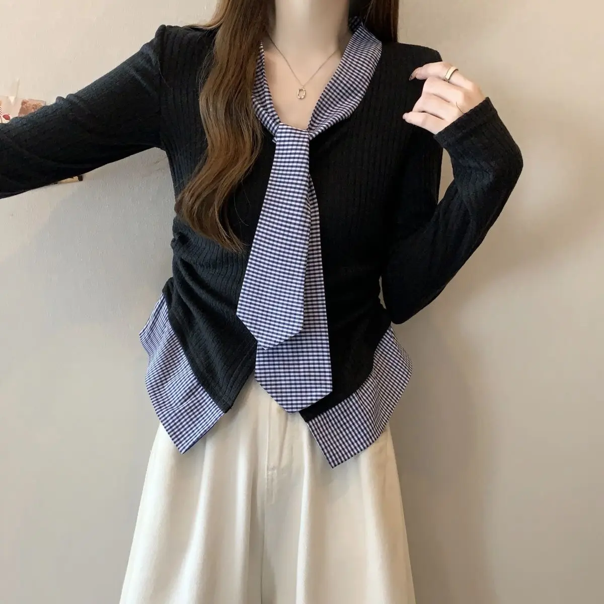 Женский трикотажный топ с длинным рукавом Облегающая рубашка в Корейском стиле