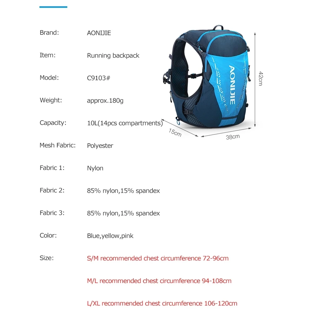 AONIJIE C9103S 10L Ultralight Cycling Backpack Rucksack Sports Trail Running Vest Bag Hydration Backpack with Soft Water Bottles