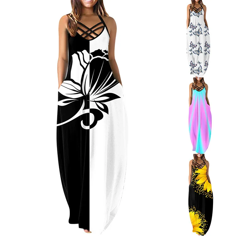 

Женское винтажное платье с цветочным принтом, длинное летнее пляжное платье на бретелях-спагетти с V-образным вырезом, праздничная туника, О...