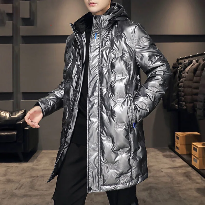 Authentic medium length white eiderdown warm down jacket men's bright face down jacket men's new winter hooded coat