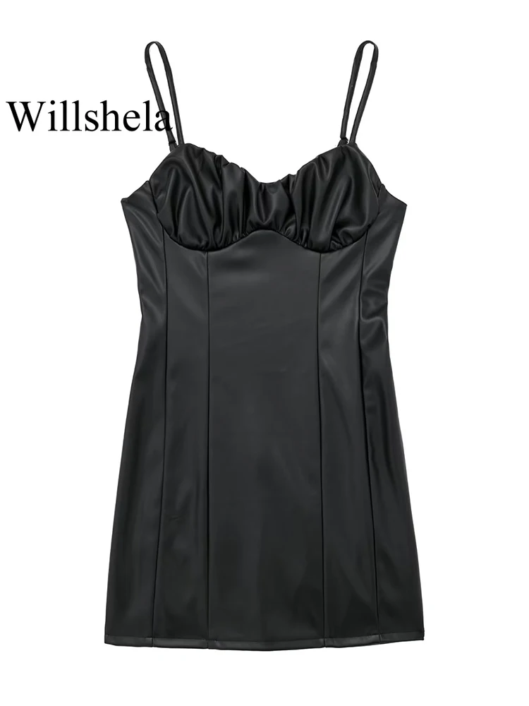 

Willshela женское модное Черное мини-платье из искусственной кожи с открытой спиной на молнии винтажные тонкие бретельки с v-образным вырезом женские шикарные женские платья