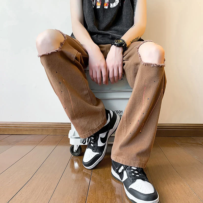 Summer 3-color Ink Splash Jeans Men Fashion Casual Straight Jeans Mens Streetwear Loose Hip-hop Holes Denim Pants Mens Trousers