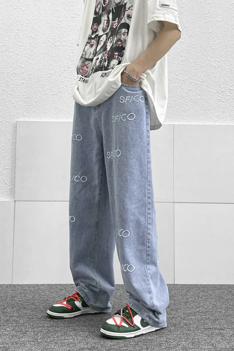 European and American Embroidered Alphabet Jeans Men's Loose Casual Straight Pants High Street Pants Streetwear Ins Hot Sale