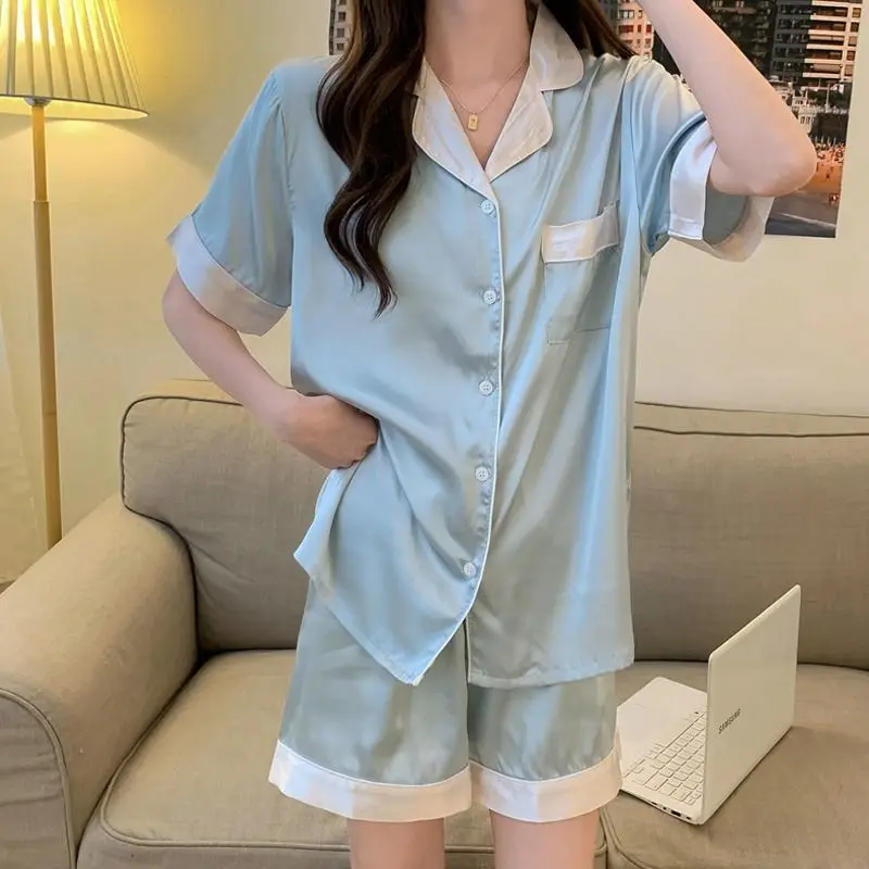 Pajamas for Women Pyjamas Simulated SILK PAJAMA Suit Terno Short Sleeve Sleepwear Two-piece Silk Housewear