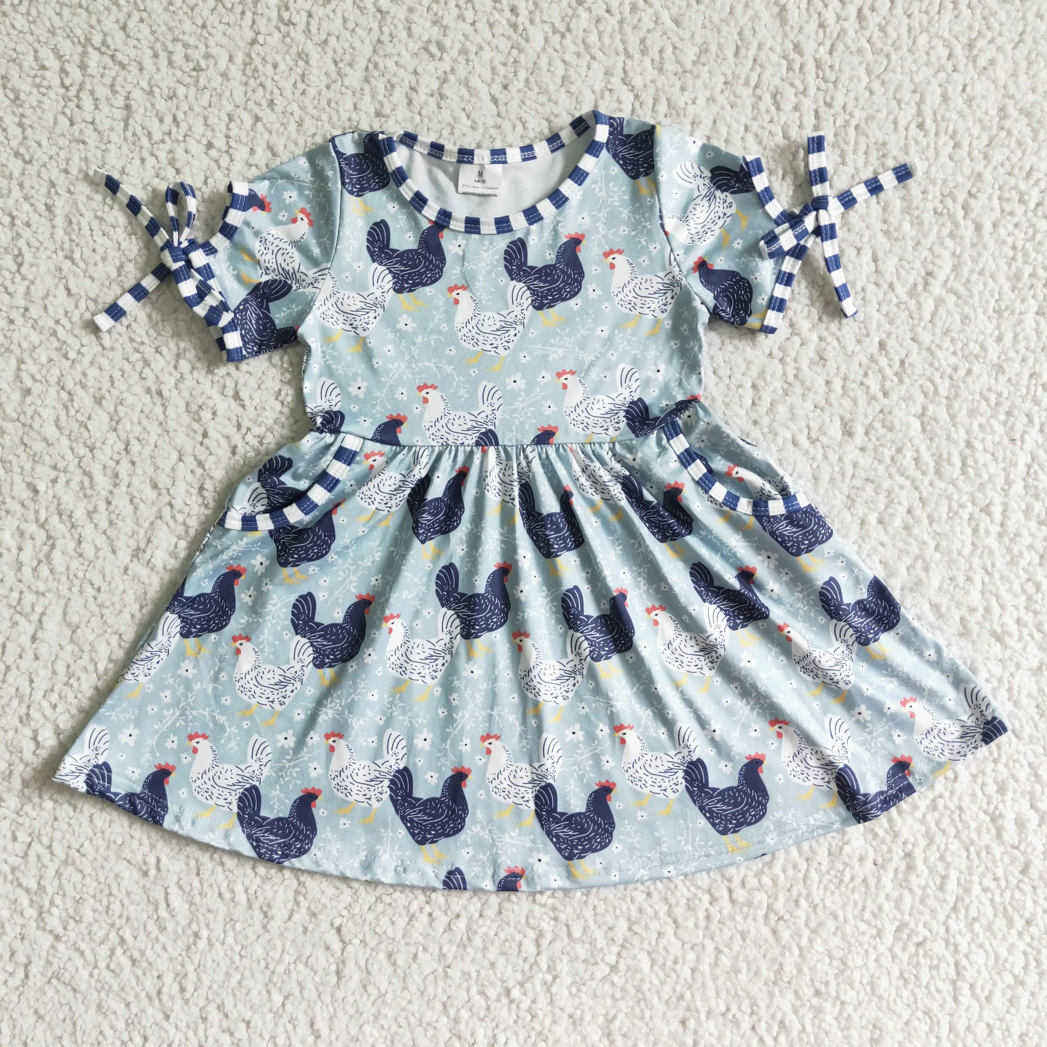 

Baby Girls Boutique Farm Chicken Dress Toddler Blue Plaid Clothes Kids Wholesale RTS Clothing Children Hot Sale Pocket Dresses