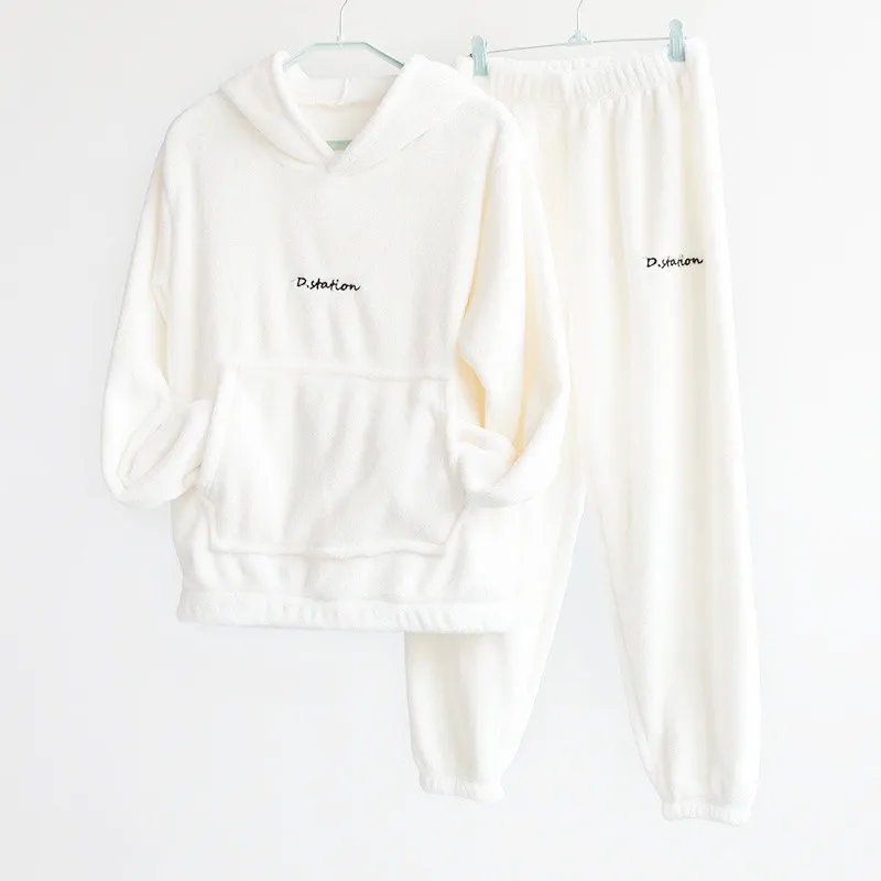 Women's Pajamas Set Hooded Plush Warm Pyjamas Homewear Full-Sleeve Long Pants 2Piece/Set Cozy Sport Sleepwear