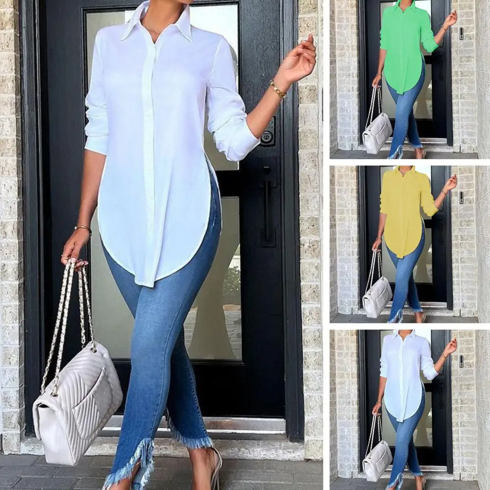 

Women Shirt Solid Color Single Breasted Women's Lapel Shirt Stylish Asymmetrical Hem Long Sleeve Casual Tunic Top for Workwear
