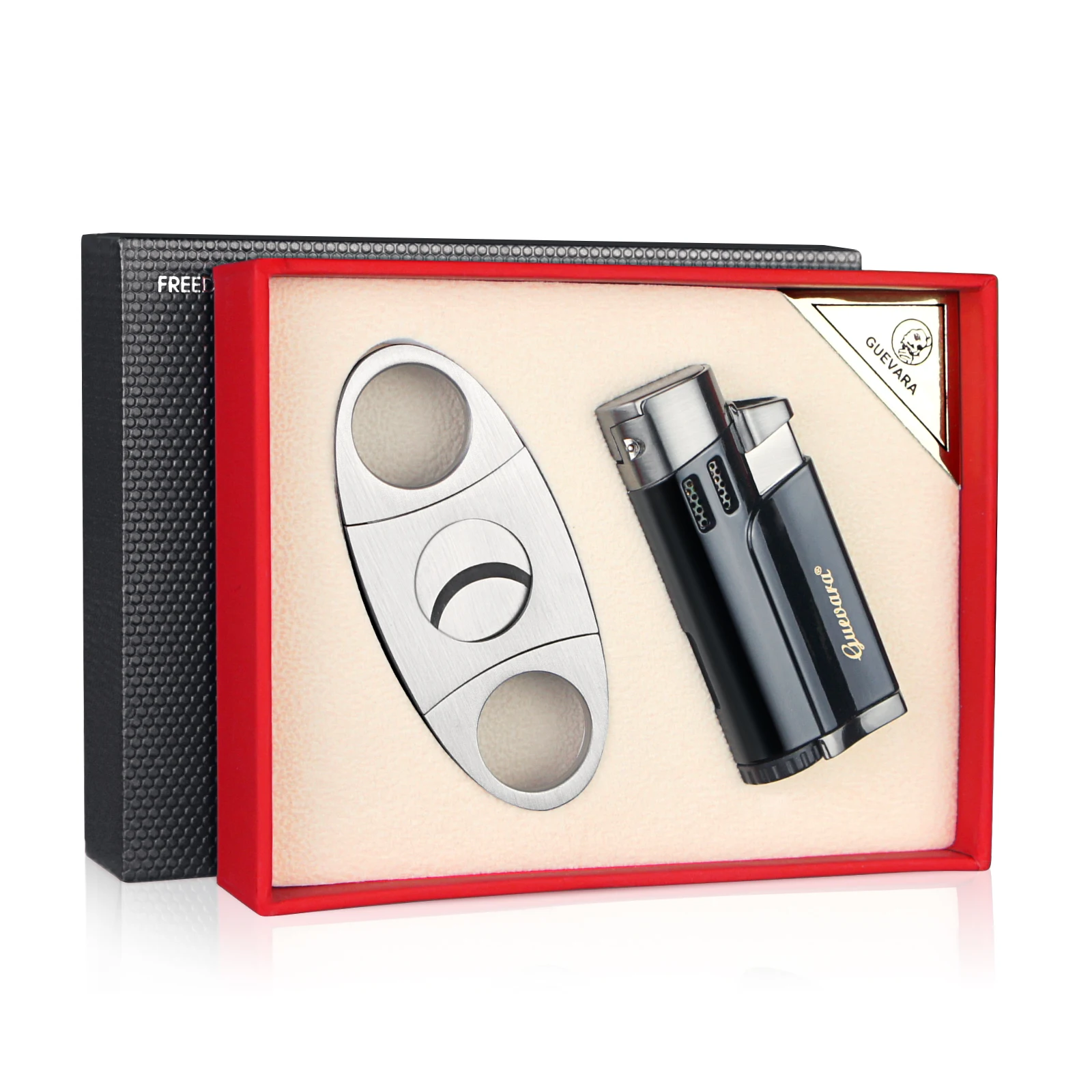

GUEVARA Cigar Lighter Cutter Set Windproof Torch Jet Flame Gas Mini Lighter Accessories set Butane Metal with Punch Gift Box