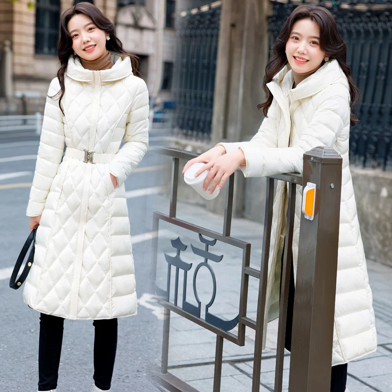 Winter Woman Parkas with Belt 2022 Fashion Solid Color Long Coat Female Casual Thick Warm Cotton Padded Jacket Hooded