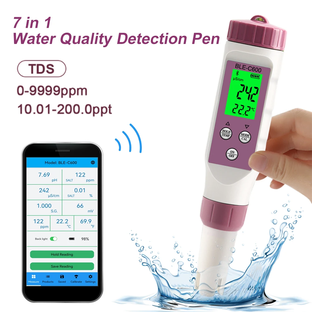 

7-in-1 Water Quality Tester Pen PH TDS EC ORP S.G Salinity Temp Tester Bluetooth-Compatible For Drinking Water Pool Hydroponic