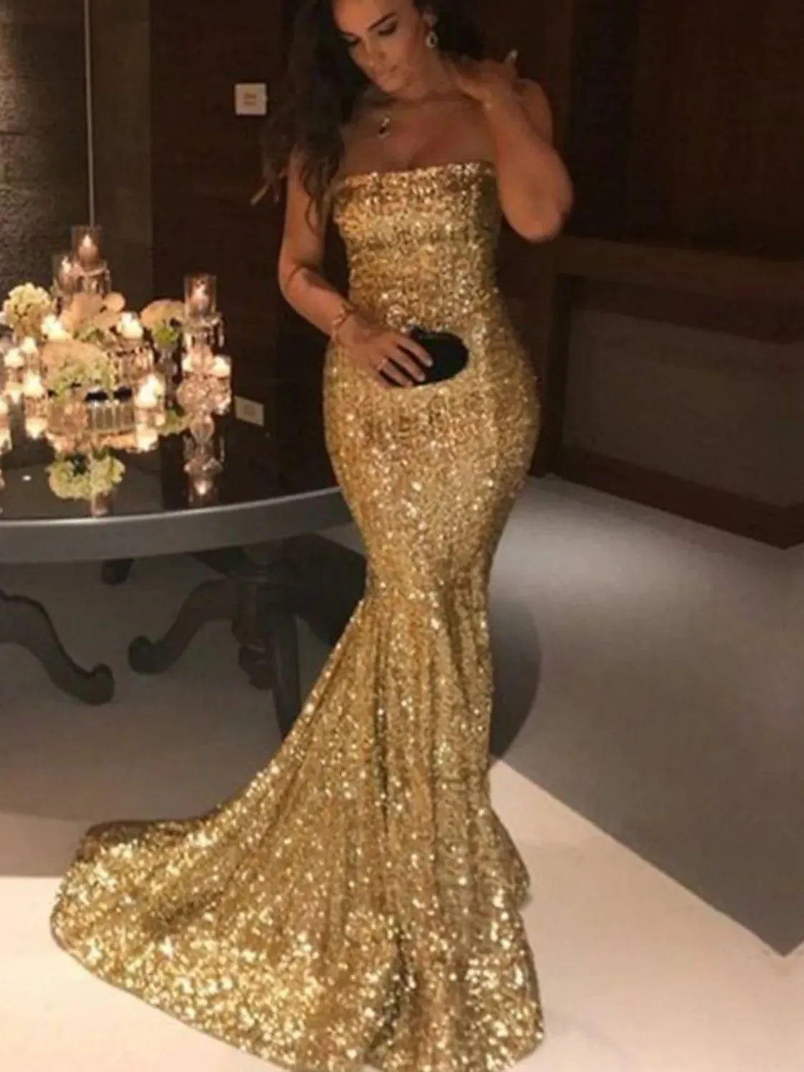 

Mermaid Trumpet Evening Gown Glittering Party Dress Sweep Brush Train Sleeveless Off Shoulder Sequined With Sequin فستان سهرة