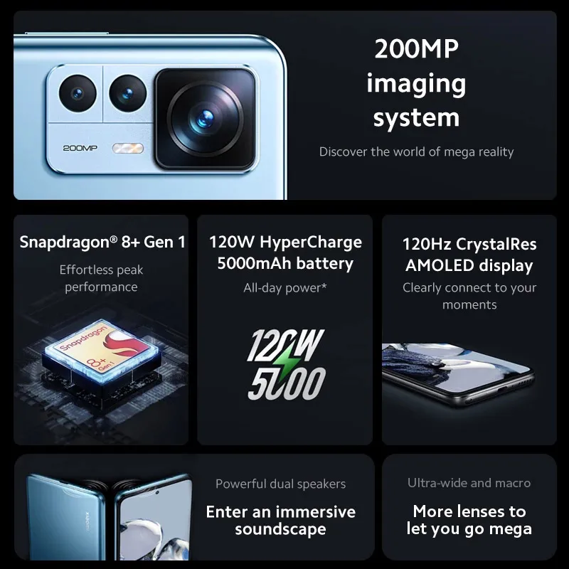 Xiaomi 12T Pro Global Version Smartphone 8/12GB+256GB Snapdragon 8+ Gen 1 200MP Camera 120Hz Display 120W Charge