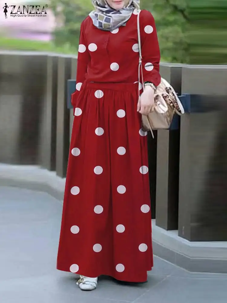 

ZANZEA Women's Polka Dot Printed Dress Vintage Abaya Maxi Dress Muslim Dubai Turkey Hijab Sundress Islamic Clothing Femme Robe