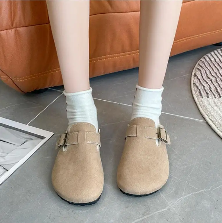 2023 Fashion Women's Leather Sandals Spring Summer New Frosted Cowhide Baotou Half Slippers Women Home Outdoor Slides Shoess