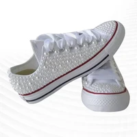 White canvas shoes pearl ribbon comfortable walking street shooting sneakers handmade pearl neutral vulcanized shoes 35-46