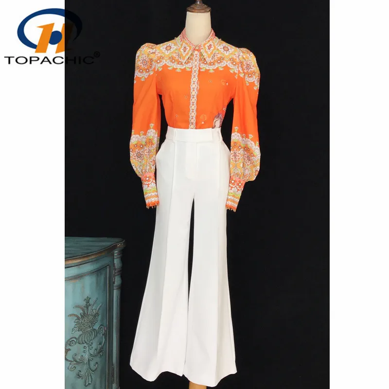 

6.25 High Quality Temperament Vintage Print Beading Puff Sleeve Blouse + White High Waist Wide Leg Pants Set Women