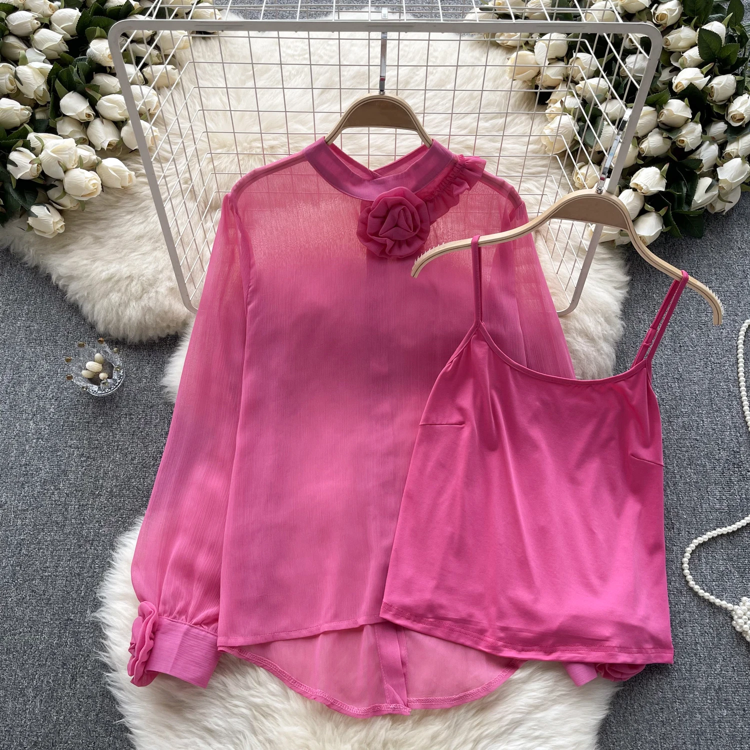 

Clothland Women Elegant Two Piece Set Blouse Ruffle Flower Long Sleeve Shirt With Camis Chic Casual Tops Mujer LA988