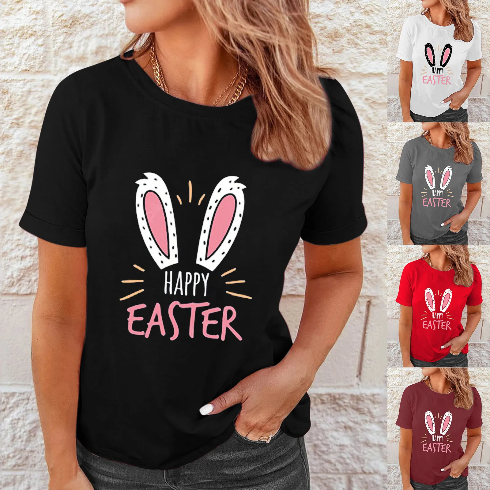 

Женская модная Пасхальная футболка с коротким рукавом и круглым вырезом