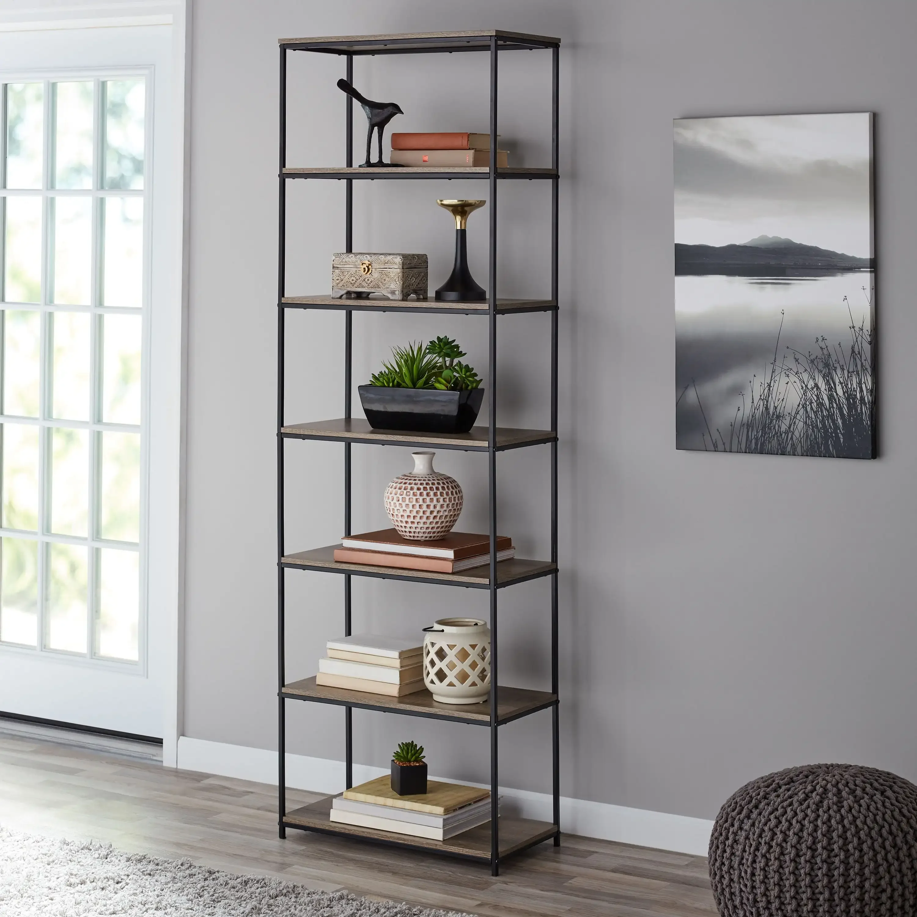 

Mainstays 6-Shelf Metal Frame Bookcase, Rustic Brown