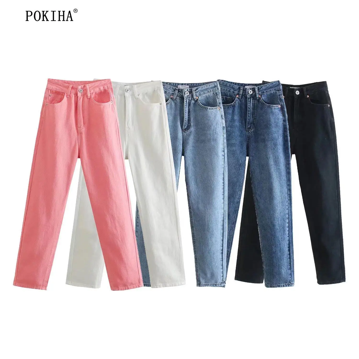 

Pokiha New Fashion Women Soft Denim High Waisted Jeans Side Pockets Zipper Fly Chic Female Trousers Mujer