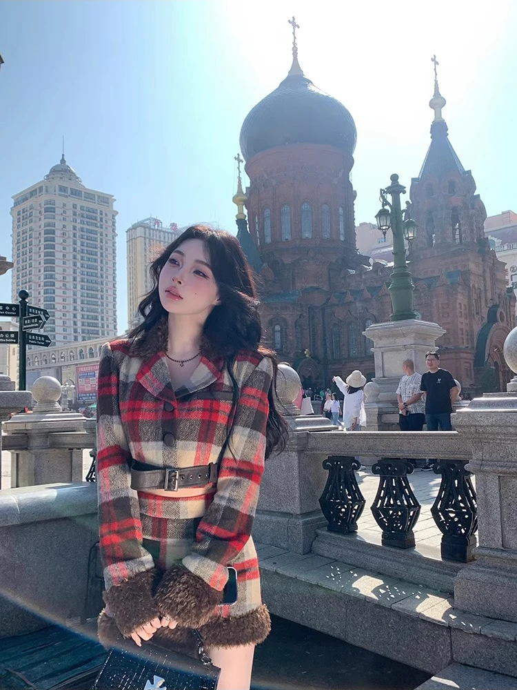 Женский блейзер и мини-юбка ReddaChic из овчины комплект 2 предметов клетчатая