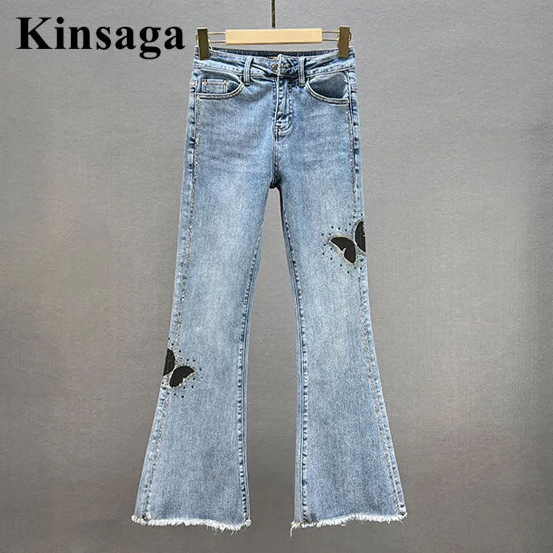 Aesthetic Design Bow Drill Micro Flared Jeans Women Wide Leg Fringe Stretch Skinny Demin Pants Mujer Elegant Tassel Bell Bottoms