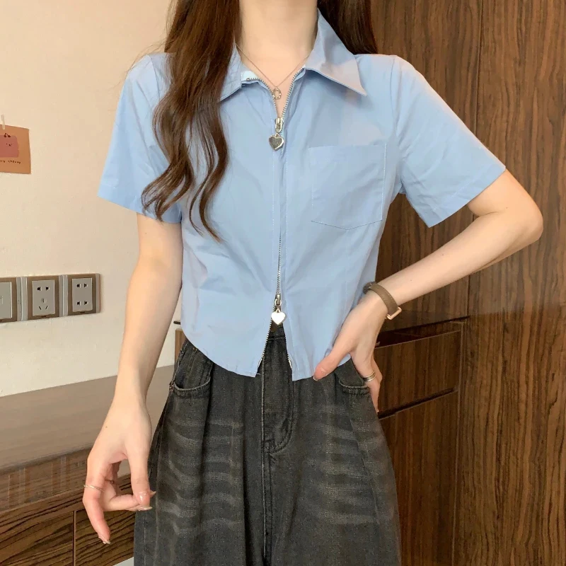 

Fashion Harajuku Short-Sleeved Shirt Women Summer Turn Down Solid Umbilical Slim Tops Preppy Chic Love Zipper Casual Blouse