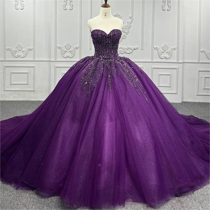 Фиолетовые блестящие бальные платья Платья Quinceanera Милая аппликация Кружева с
