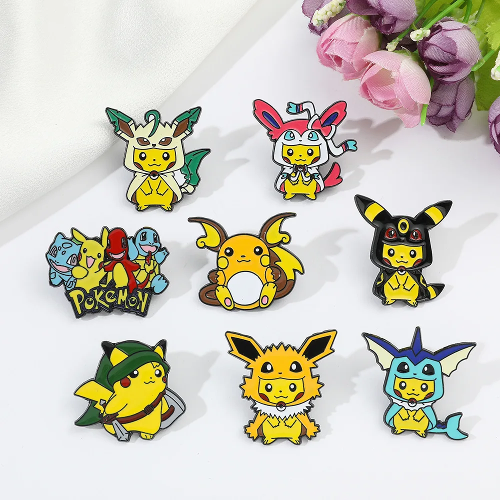 

Pokémon Cartoon Enamel Lapel Pins Pikachu Eeveelution Anime Action Figures Metal Badge Fashion Jewelry Pokemon Brooches Toys