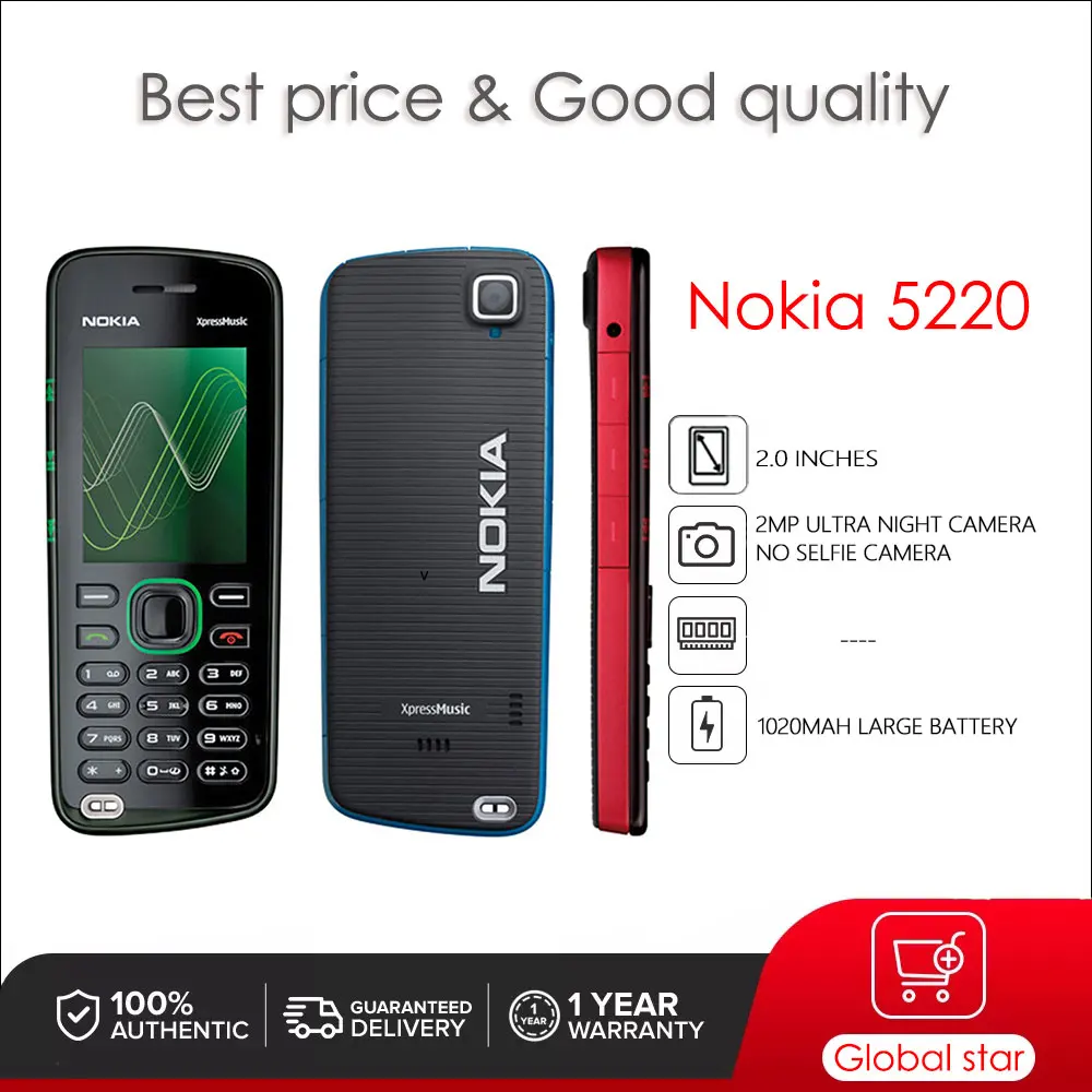 

Nokia 5220 XpressMusic Single SIM Original Mobile Phone 2.0" 1020mAh Cellphone Free Shipping