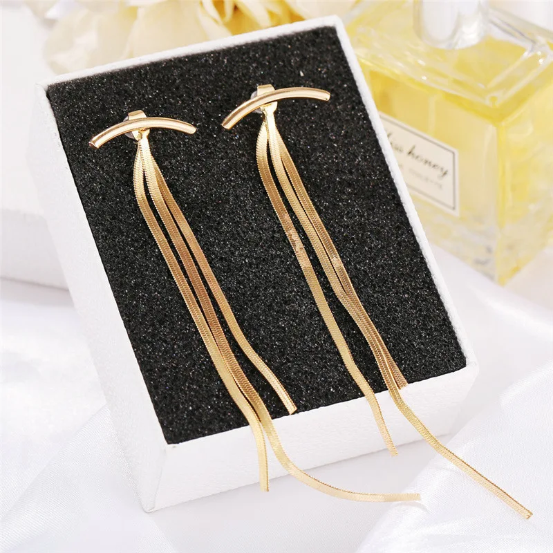 

2023 Korean Vintage Glossy Arc Bar Long Thread Tassel Drop Earrings For Women Geometric Fashion Jewelry Hanging Pendientes