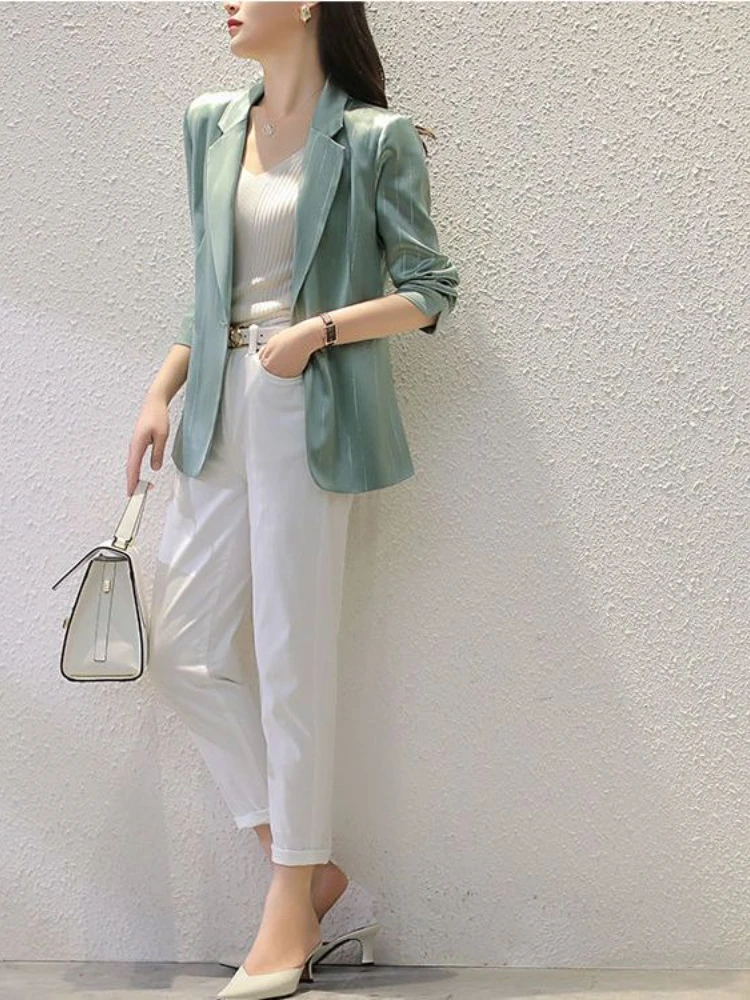 Bright Silk Stripe Triacetic Acid Suit Summer Mint Green Suit Coat Thin Women's Drop Blazers for Women Women Clothing Coats