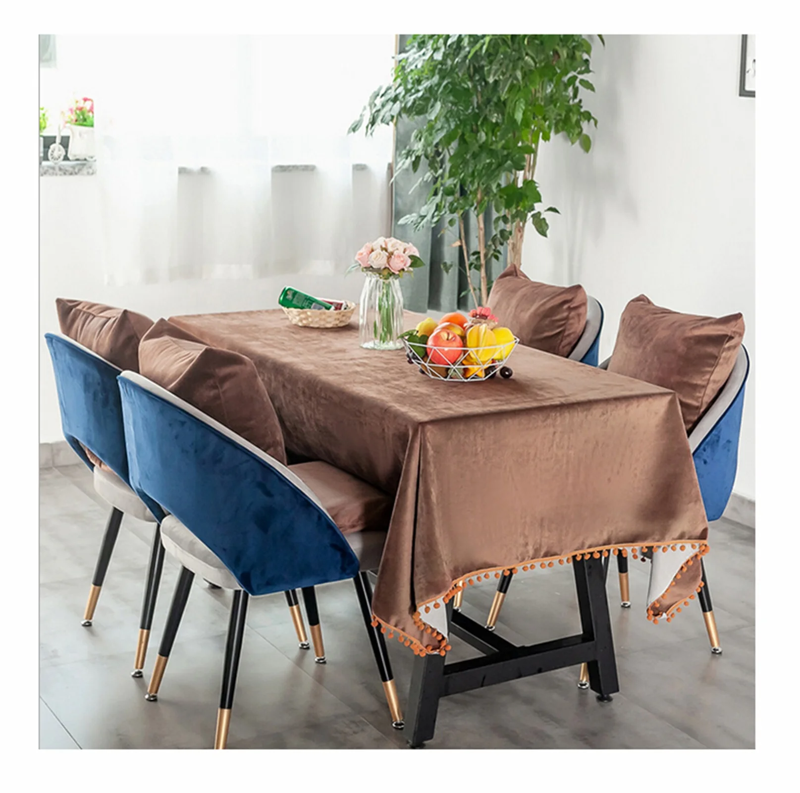 

Flannel Tablecloths, Waterproof Table Covers Simple Solid Color With Fluffy Ball Coffee Dining Table Coffee Table Deco