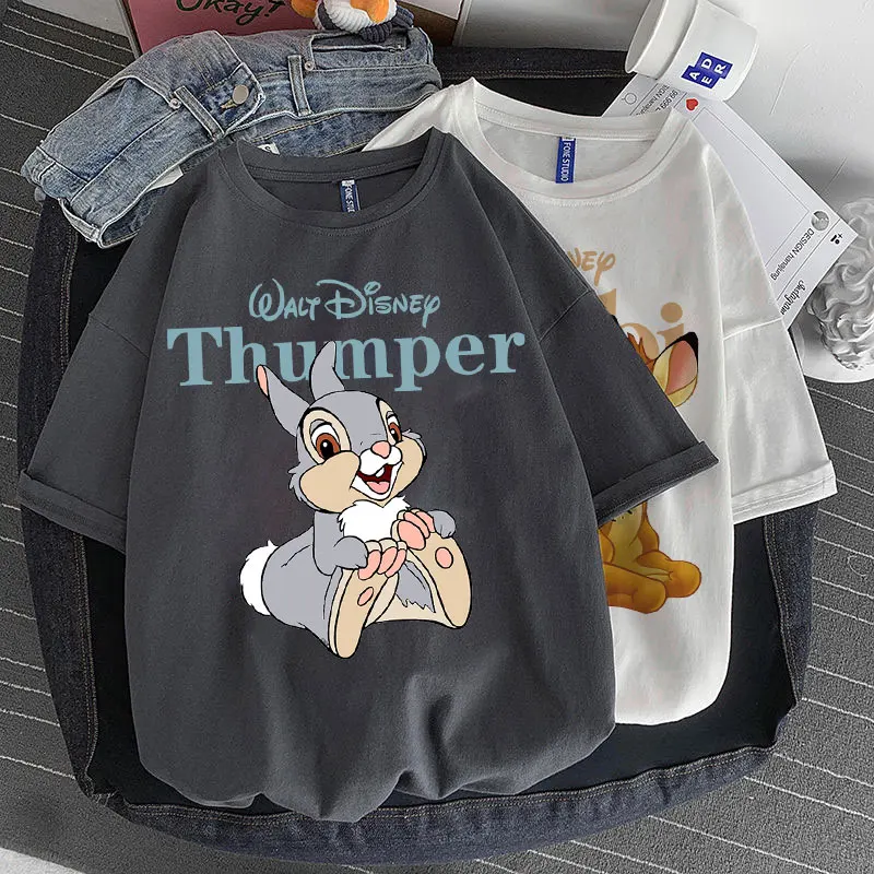 

Disney Cute Cartoon Bambi Printed Short Sleeves Summer Retro Fashion Kawaii Thumper Graphic T Shirts Unisex Tops Couples Outfit