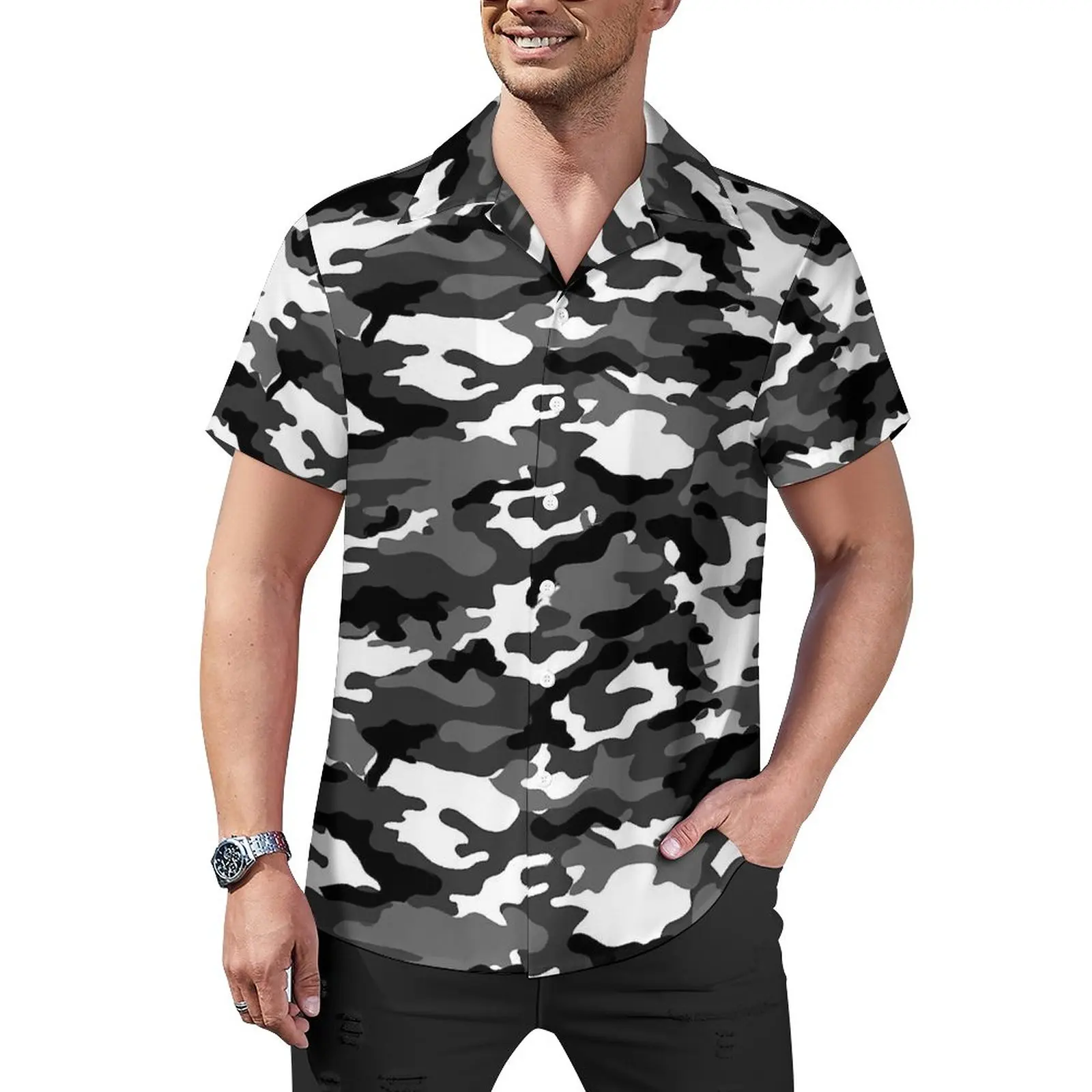 

Серая и черная камуфляжная Повседневная рубашка, камуфляжная Свободная рубашка для отпуска, Гавайские модные блузки с коротким рукавом и графическим принтом, большие размеры C