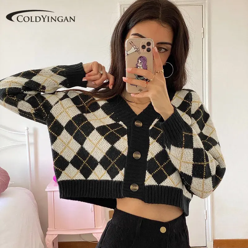 

ColdYingan Argyle Knitted Jumpers Button Loose y2k Retro Sweaters Cardigans Long Sleeve V Neck Grunge Cropped Knitwear Women 90s