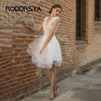 roddrsya deep v neck short wedding dress lace appliques cap sleeves bridal gowns backless knee length illusion vestidos de novia