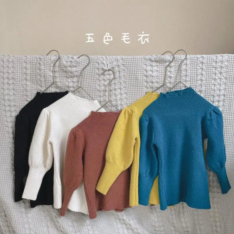 

Autumn Baby Girls Knit Sweater Kids Girl Puff Sleeve Bottoming Turtleneck Tops Pullover Casual Childrens Sweater