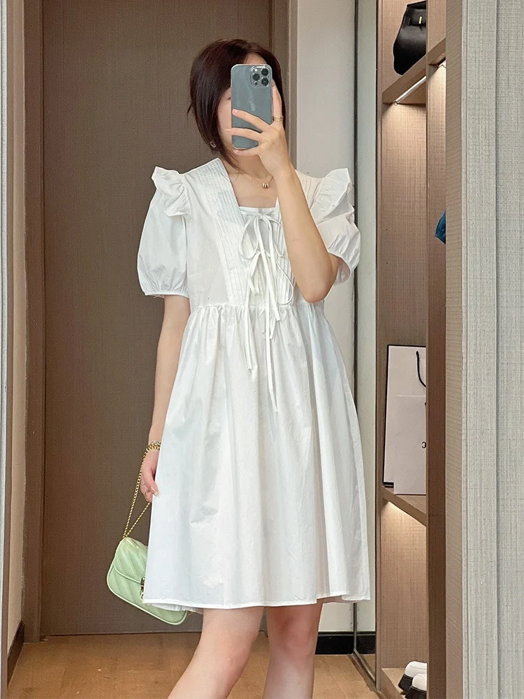 

2023 spring and summer women's clothing fashion new Square Collar Wooden Ear Loose Tied Flying Sleeves a Expansion Skirt 0428