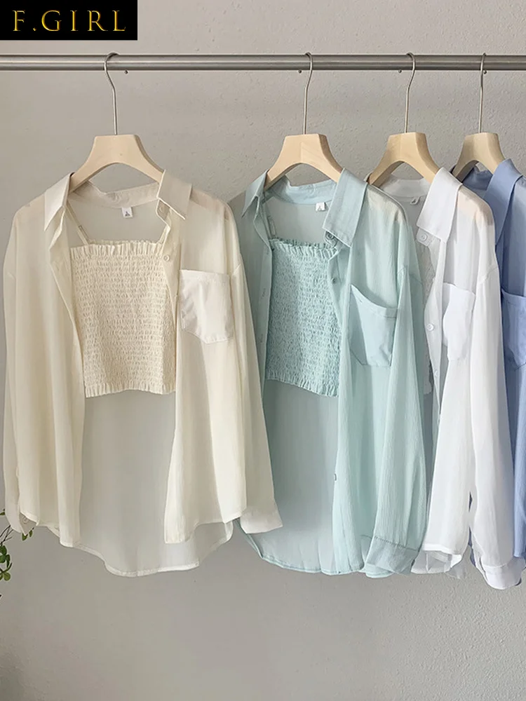 F GIRLS  2022 Summer New Chiffon Sunscreen Shirts Women's Solid Color Short Sling Tops + Thin Blouses Long-sleeved Two-piece Set