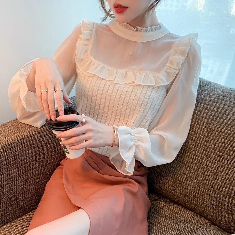 

Patchwork Women's Shirts Summer 2023 New Chiffon Blouses Loose Long Sleeves Casual Ruffles Top Ladies O-neck Clothing YCMYUNYAN