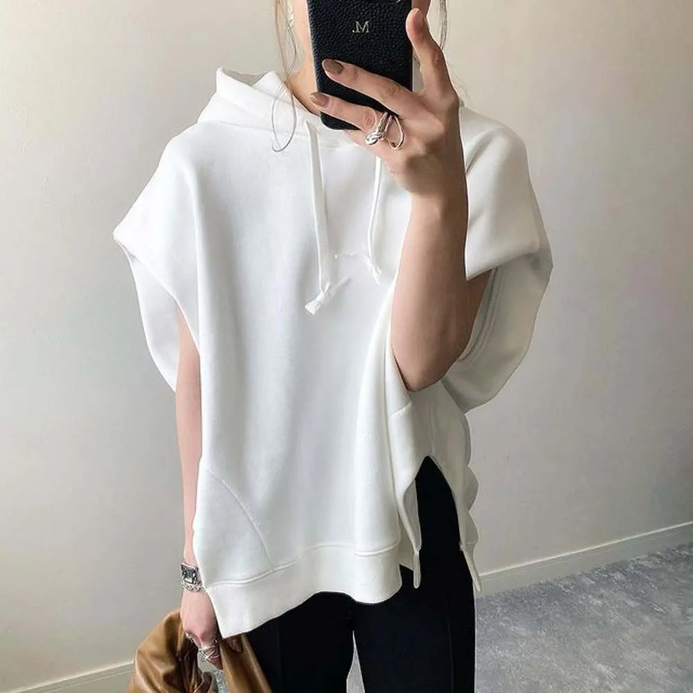 

Hoodie 2022 Summer New Short-sleeved Casual Solid Color Hooded Sweater Women Korea Japan Style Ladies Top Trendy Personality
